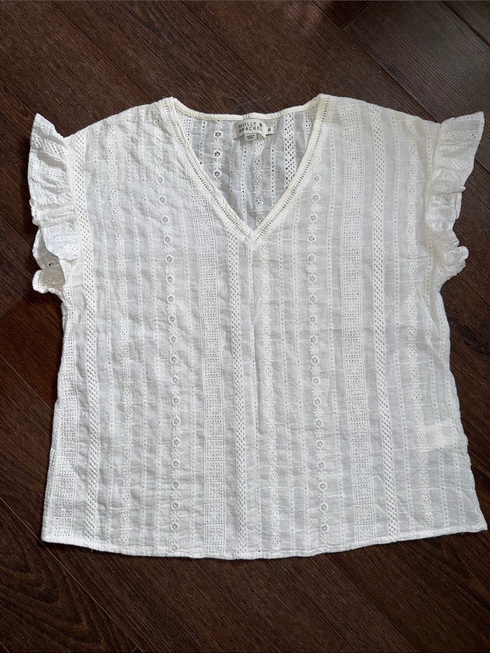 Molly Bracken White Eyelet V-Neck Ruffle Sleeve Top - Size Medium